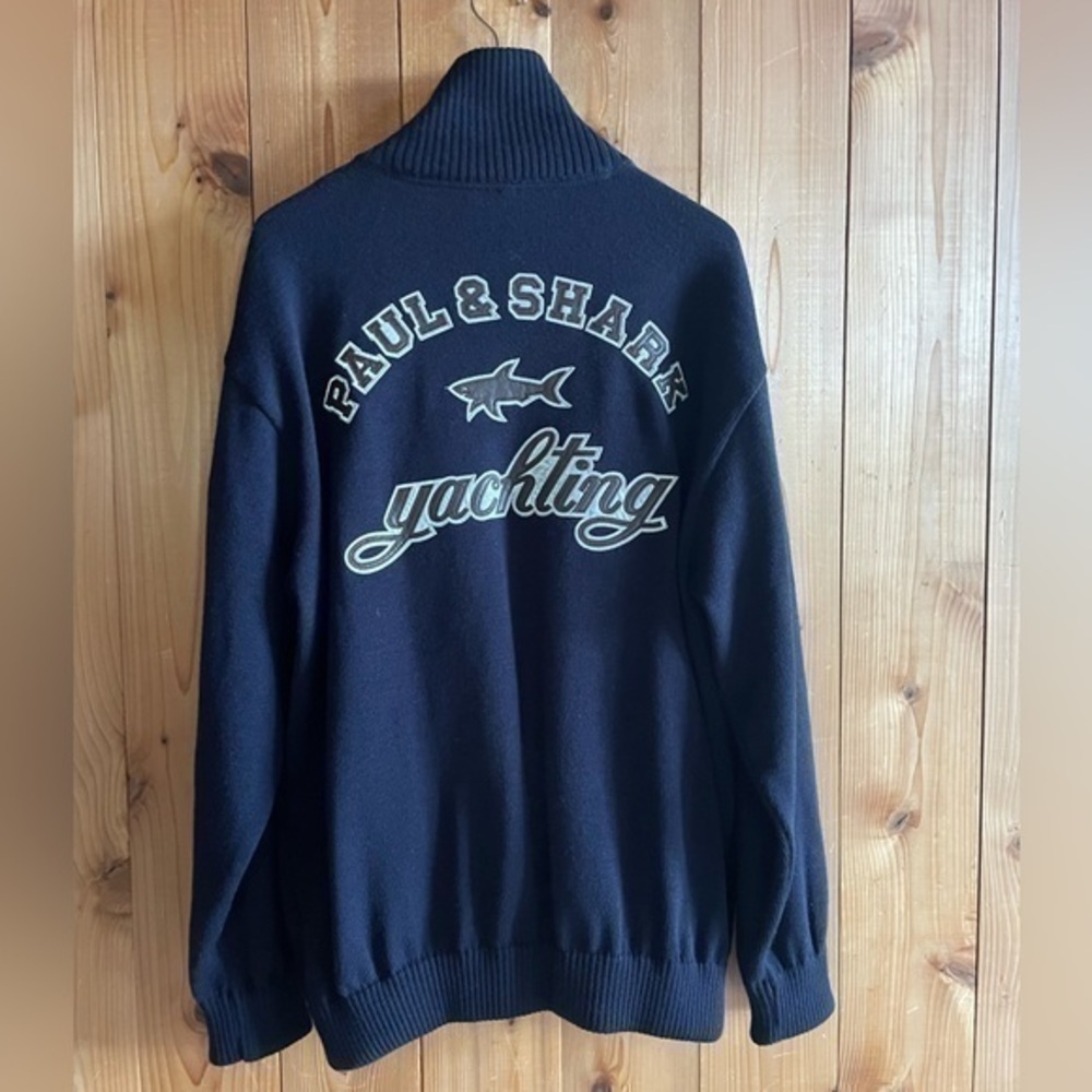 Paul & Shark Yachting 100% Wool Knit Jacket Iconic Badge Leather Italy